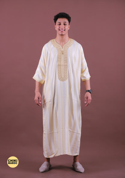 Elegant Cream Moroccan Thobe with Gold Embroidery for Men