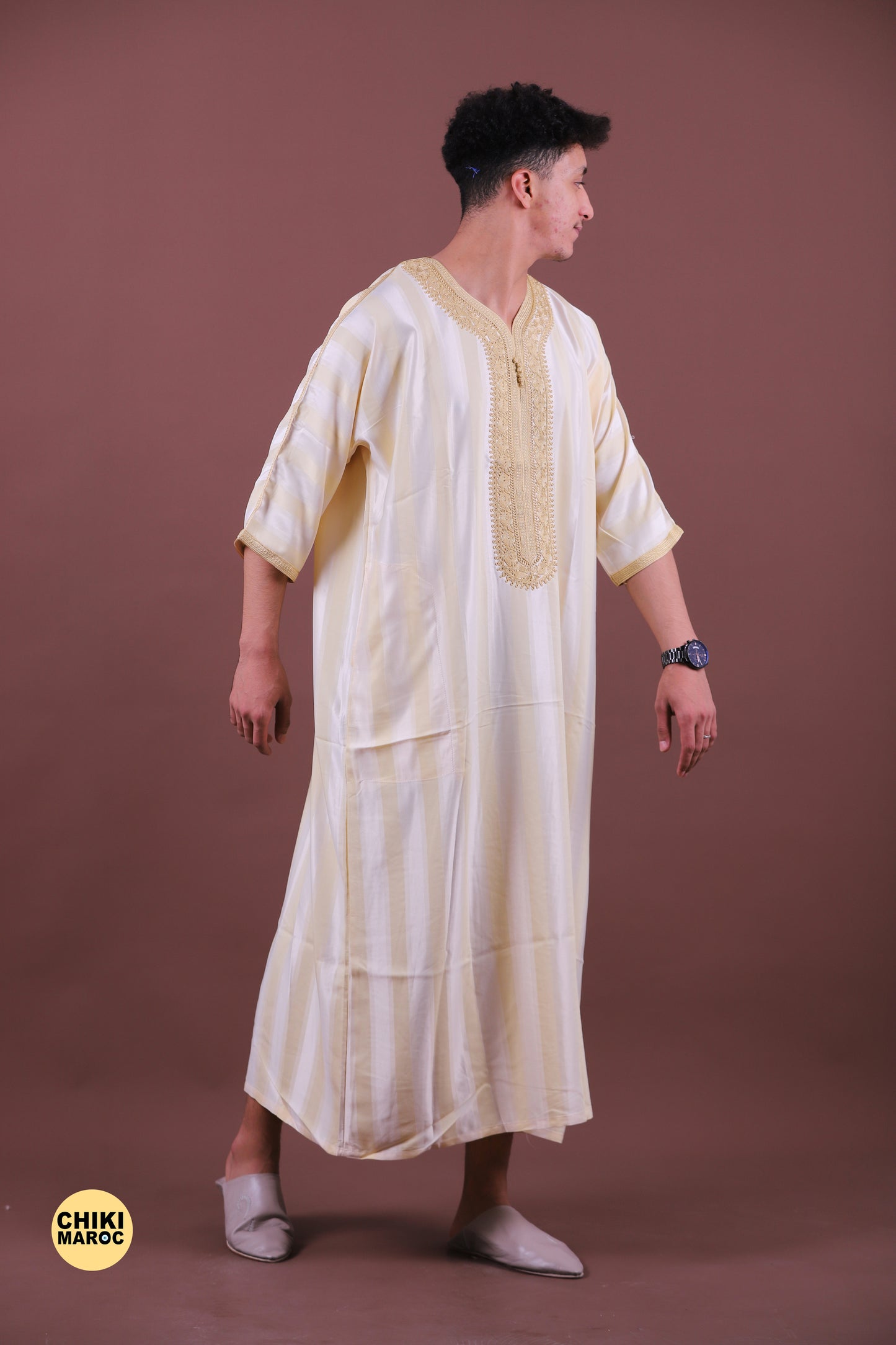 Elegant Cream Moroccan Thobe with Gold Embroidery for Men