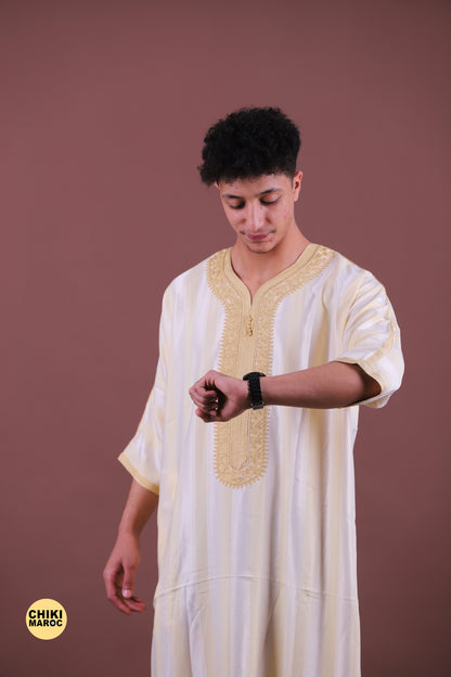 Elegant Cream Moroccan Thobe with Gold Embroidery for Men