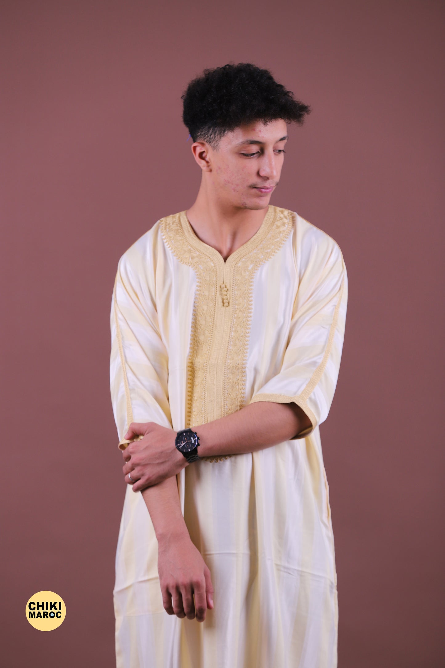 Elegant Cream Moroccan Thobe with Gold Embroidery for Men