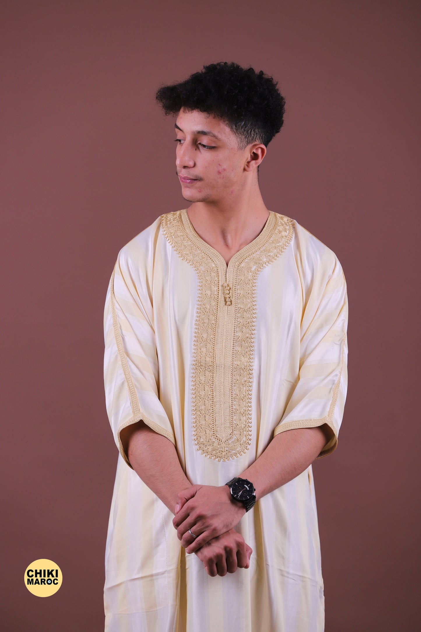 Elegant Cream Moroccan Thobe with Gold Embroidery for Men