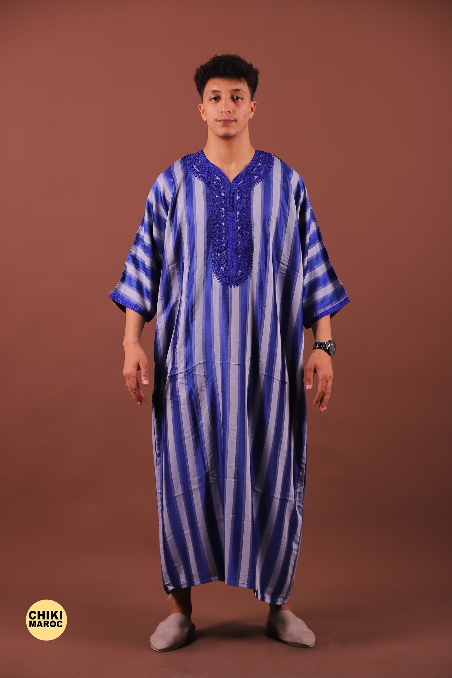 Striped Blue & Grey Moroccan Thobe for Men - Traditional & Stylish