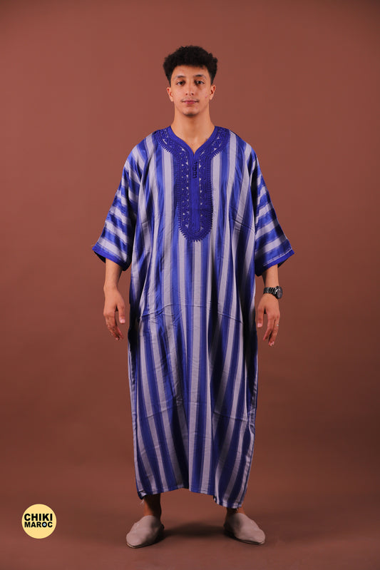 Striped Blue & Grey Moroccan Thobe for Men - Traditional & Stylish