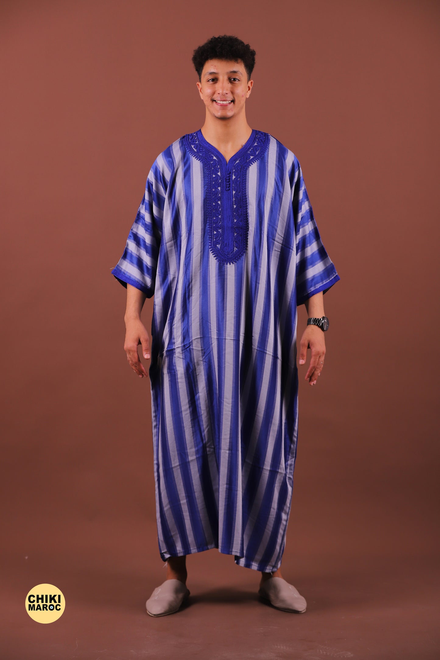 Striped Blue & Grey Moroccan Thobe for Men - Traditional & Stylish