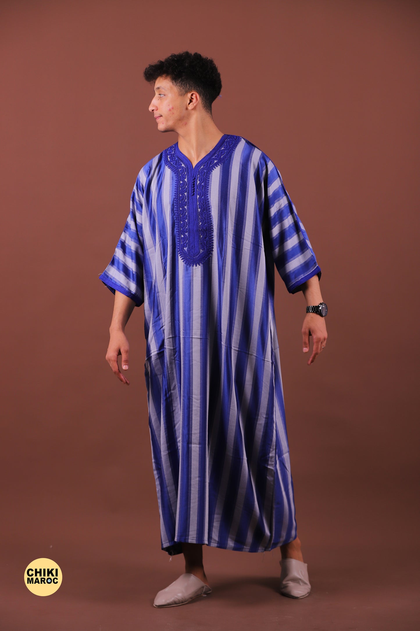 Striped Blue & Grey Moroccan Thobe for Men - Traditional & Stylish