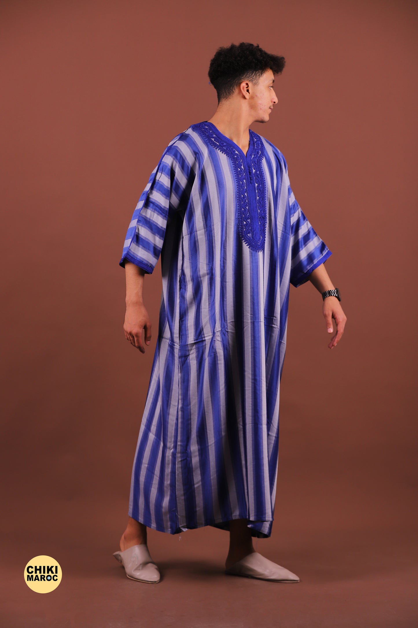 Striped Blue & Grey Moroccan Thobe for Men - Traditional & Stylish