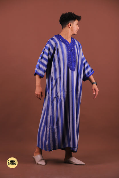 Striped Blue & Grey Moroccan Thobe for Men - Traditional & Stylish