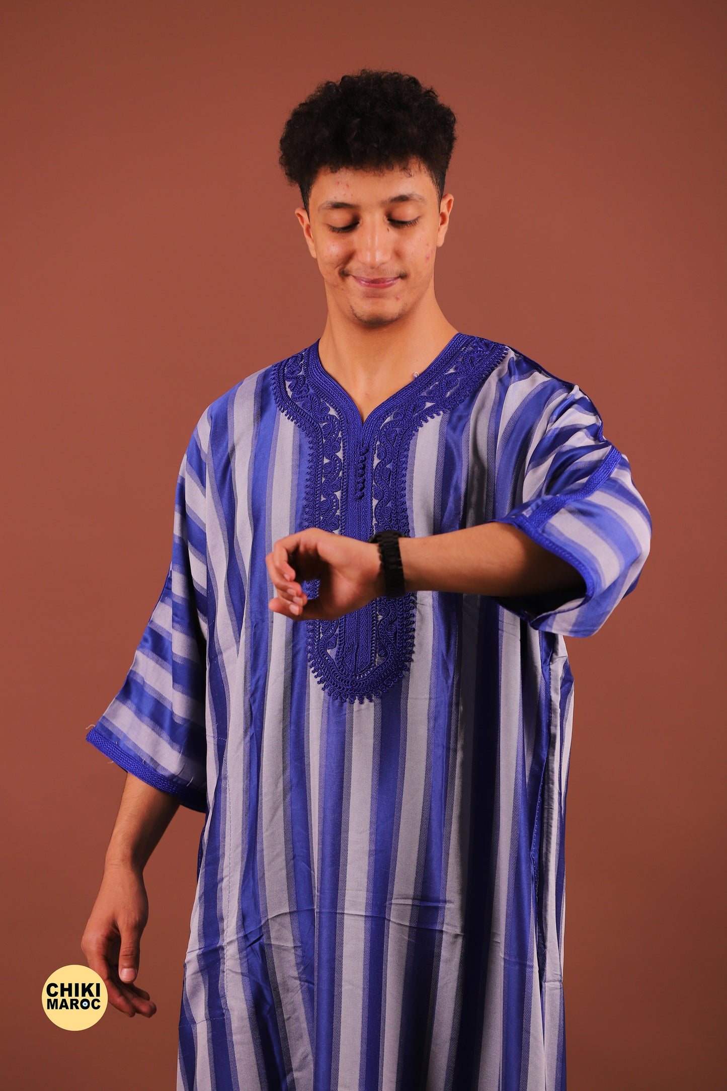 Striped Blue & Grey Moroccan Thobe for Men - Traditional & Stylish