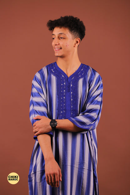 Striped Blue & Grey Moroccan Thobe for Men - Traditional & Stylish