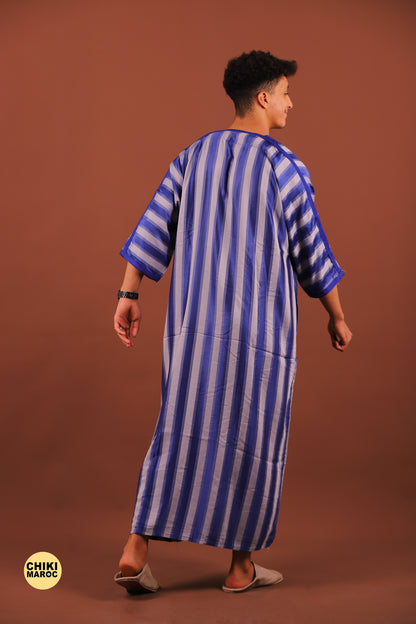 Striped Blue & Grey Moroccan Thobe for Men - Traditional & Stylish