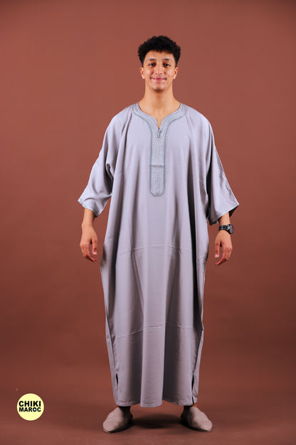 Elegant Grey Moroccan Thobe with Sousdi Embroidery for Men