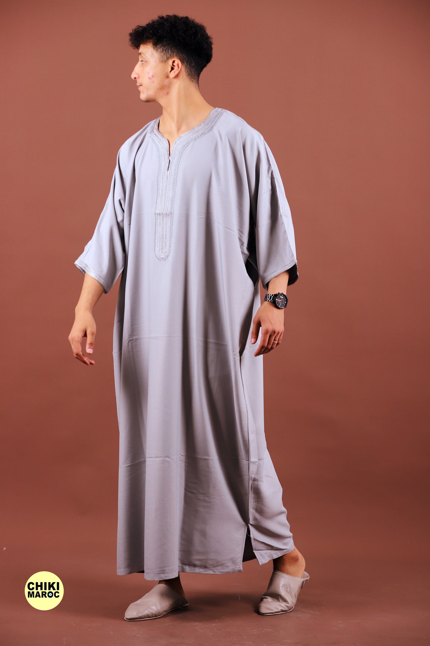 Elegant Grey Moroccan Thobe with Sousdi Embroidery for Men