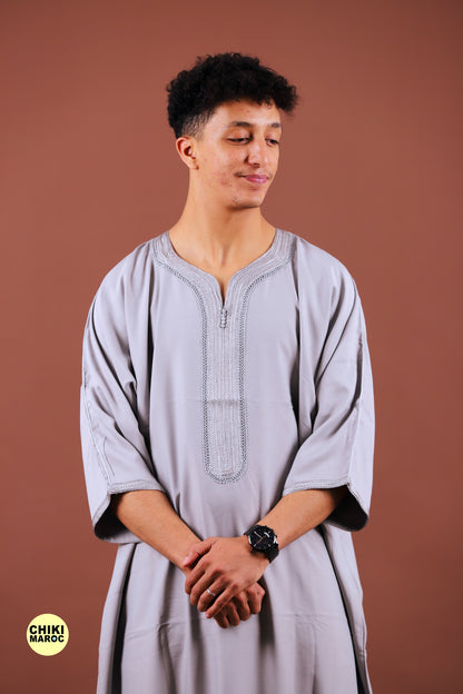 Elegant Grey Moroccan Thobe with Sousdi Embroidery for Men