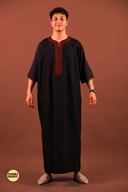 Elegant black Moroccan Thobe with Sousdi Embroidery for Men