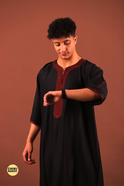 Elegant black Moroccan Thobe with Sousdi Embroidery for Men