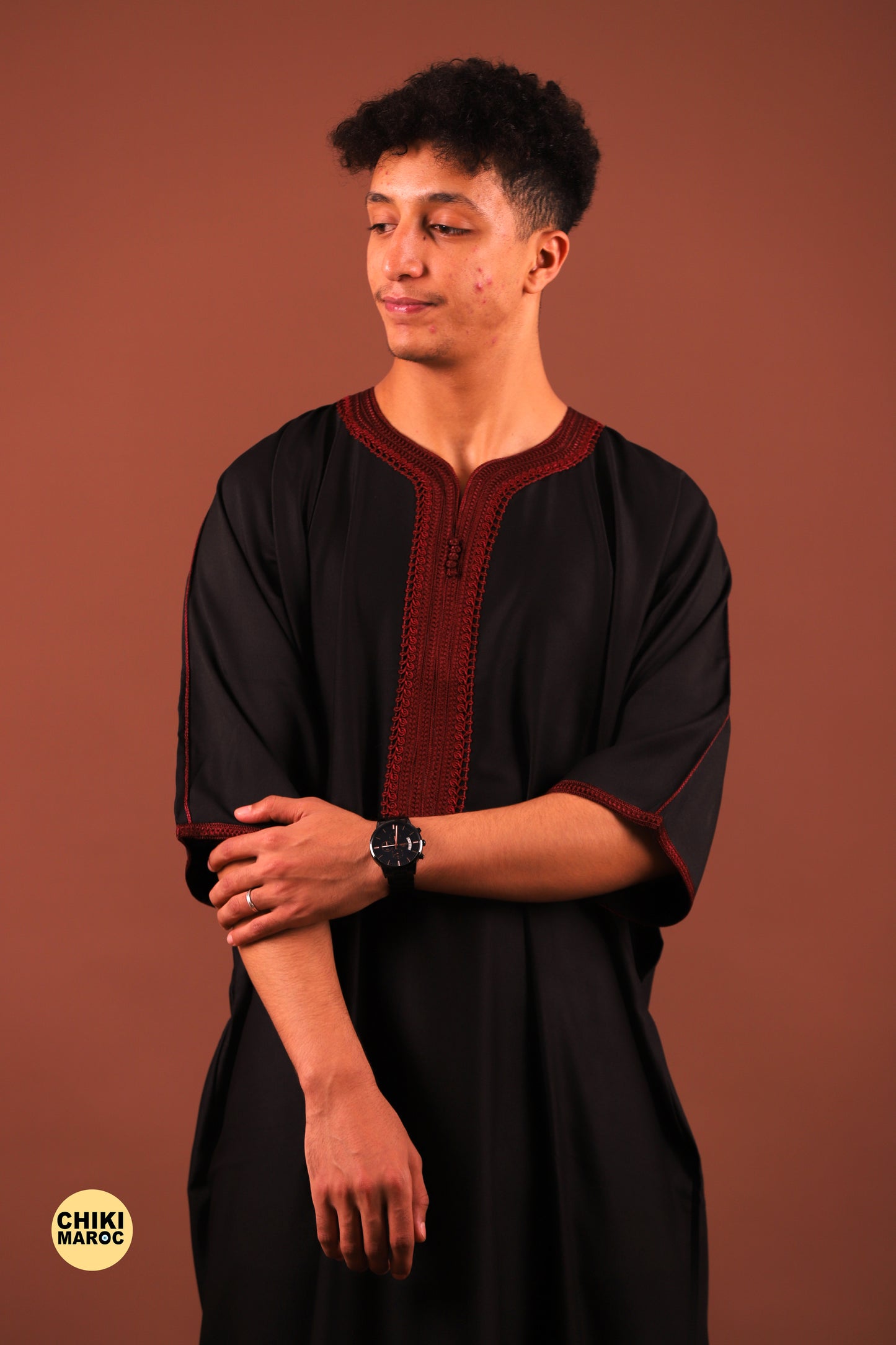 Elegant black Moroccan Thobe with Sousdi Embroidery for Men