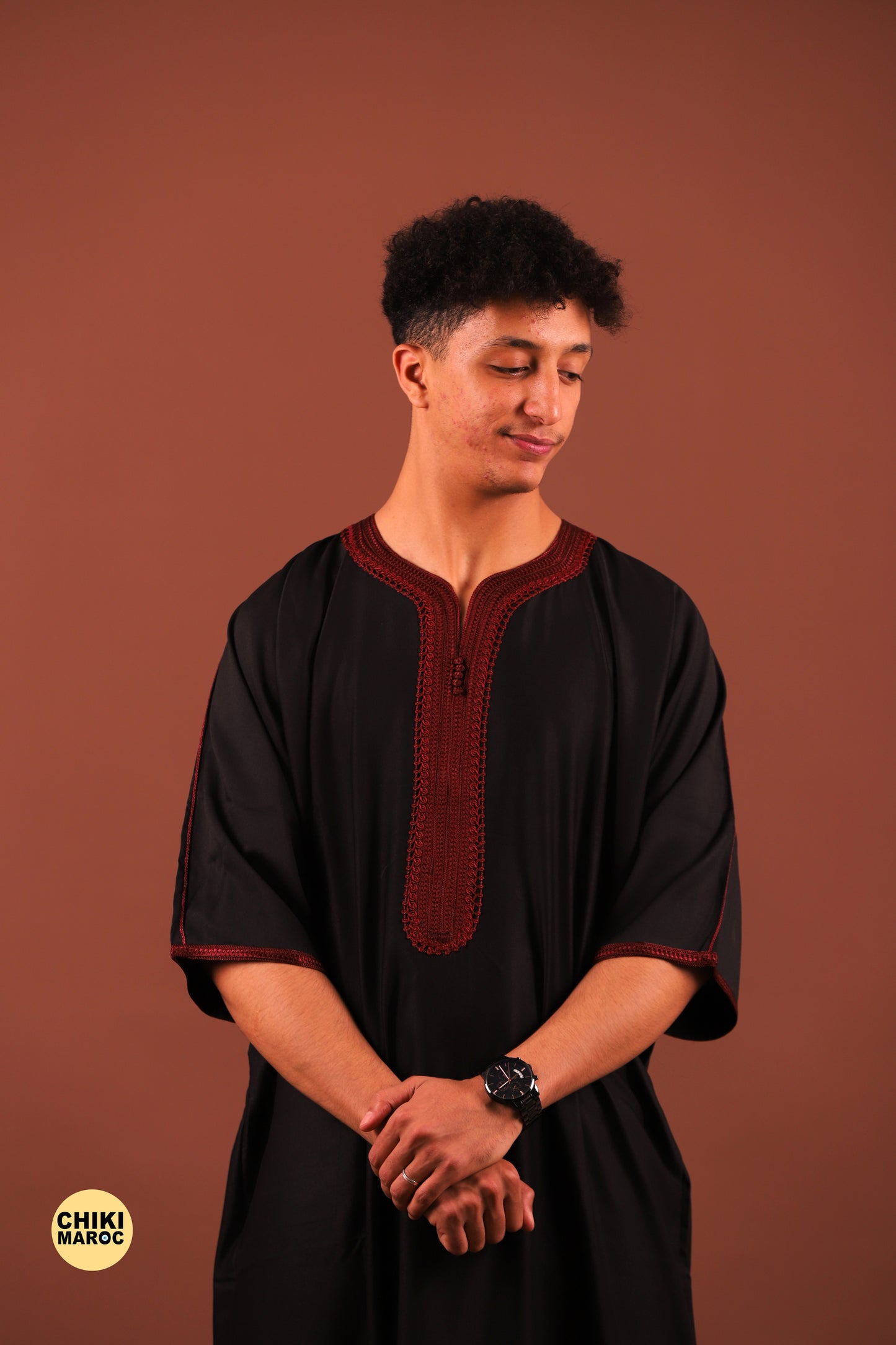 Elegant black Moroccan Thobe with Sousdi Embroidery for Men