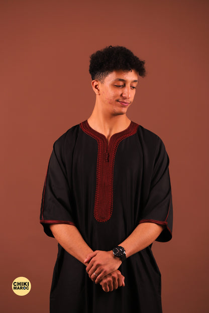 Elegant black Moroccan Thobe with Sousdi Embroidery for Men