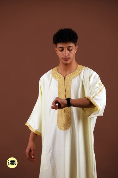 White & Gold Moroccan Thobe, Muslim Nikkah Dress for Men