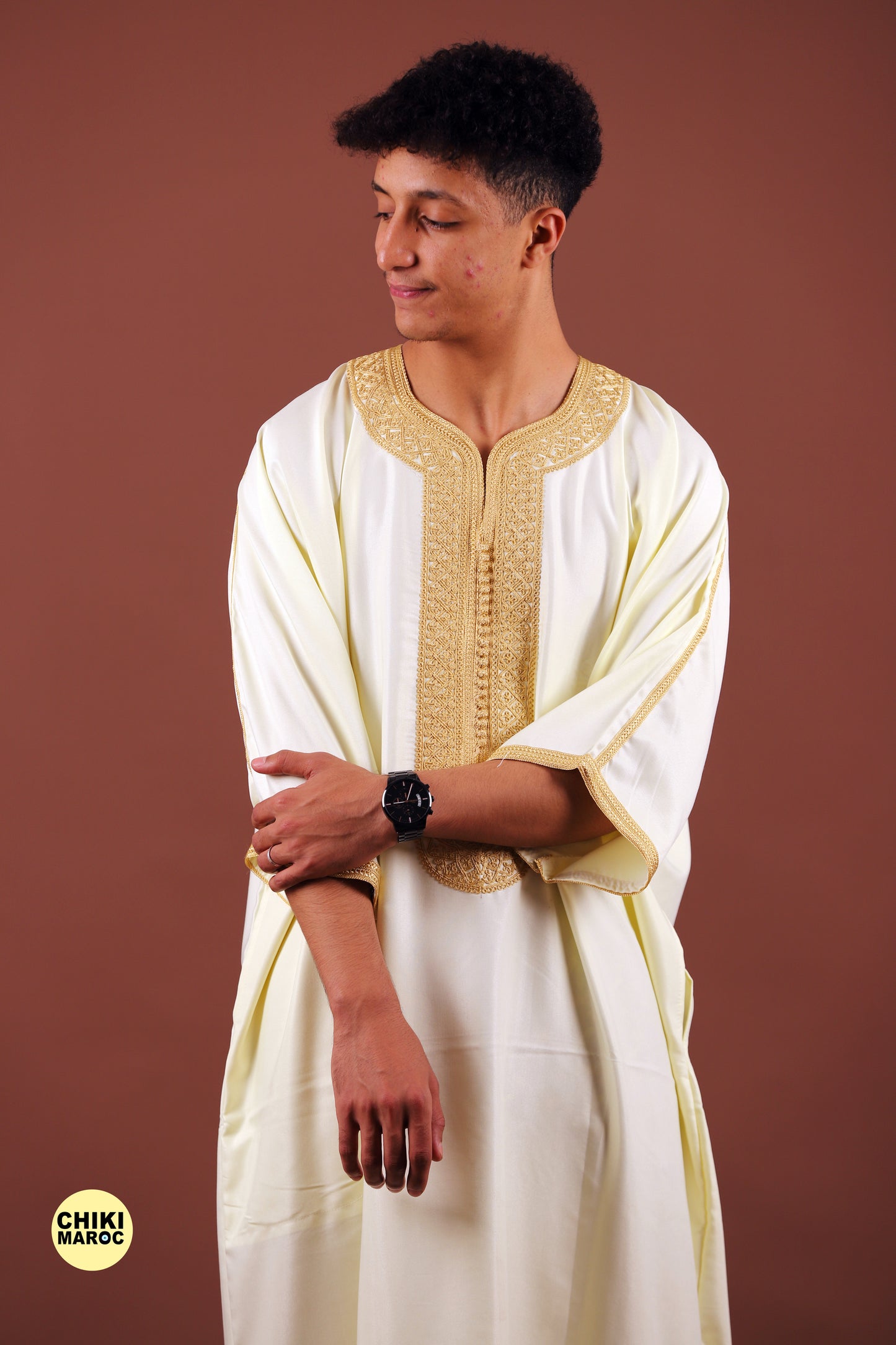 White & Gold Moroccan Thobe, Muslim Nikkah Dress for Men