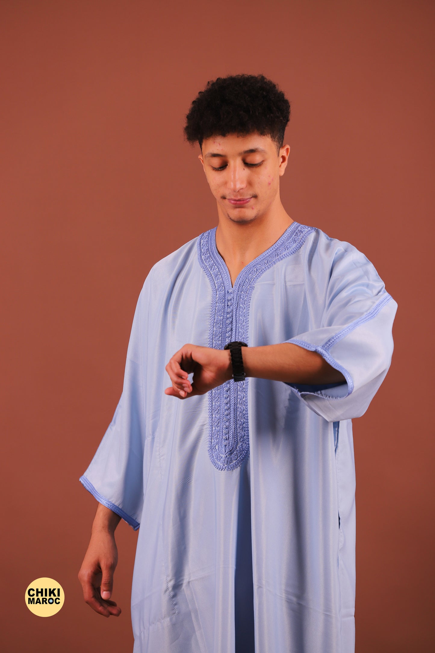 Elegant Blue Baby Moroccan Thobe with Sousdi Embroidery for Men