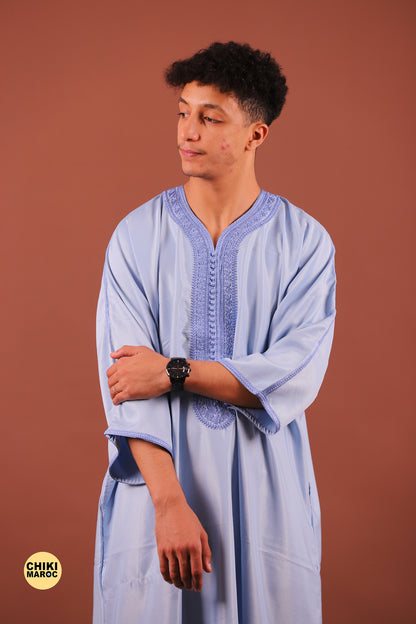 Elegant Blue Baby Moroccan Thobe with Sousdi Embroidery for Men