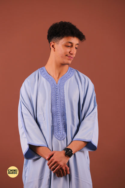 Elegant Blue Baby Moroccan Thobe with Sousdi Embroidery for Men