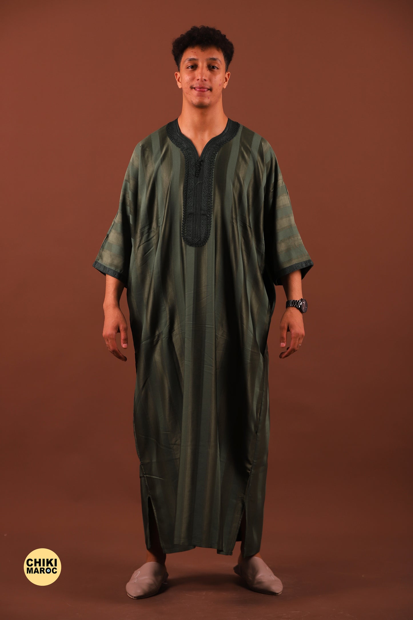 Striped Green Moroccan Thobe for Men - Authentic & Stylish