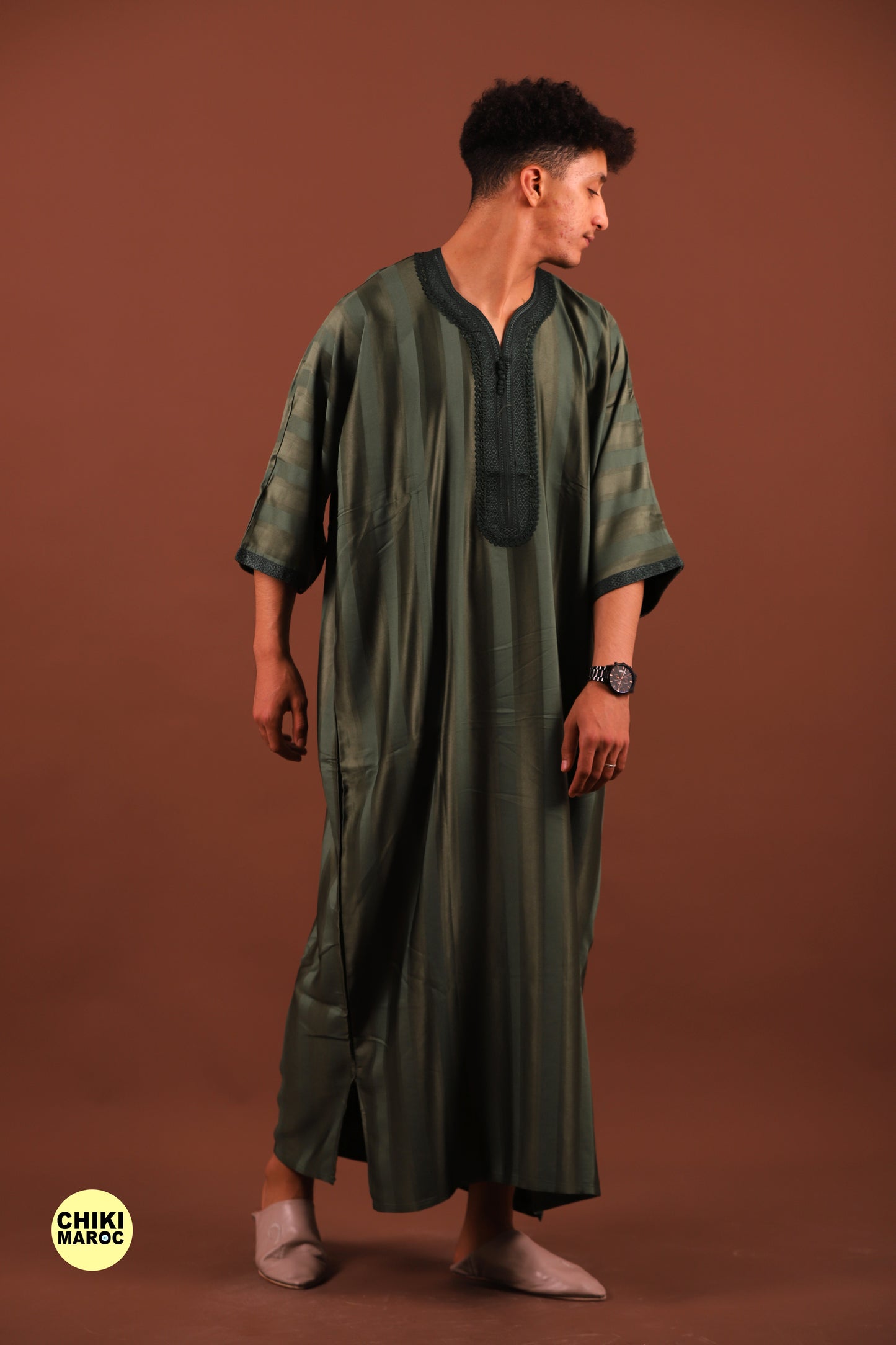 Striped Green Moroccan Thobe for Men - Authentic & Stylish