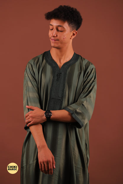 Striped Green Moroccan Thobe for Men - Authentic & Stylish