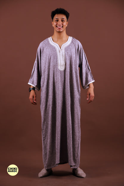 Stylish Gray Moroccan Djellaba with White Embroidery for Men Thobe