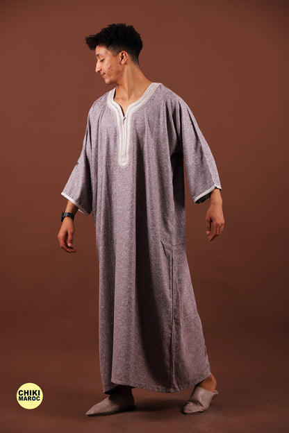 Stylish Gray Moroccan Djellaba with White Embroidery for Men Thobe