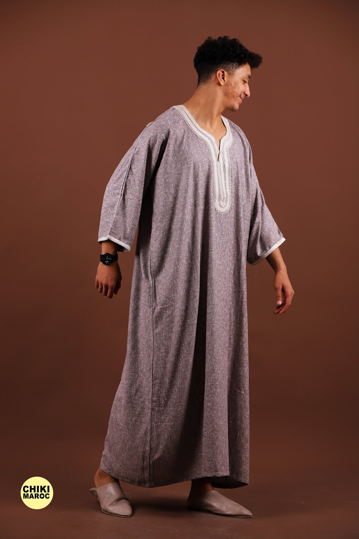 Stylish Gray Moroccan Djellaba with White Embroidery for Men Thobe