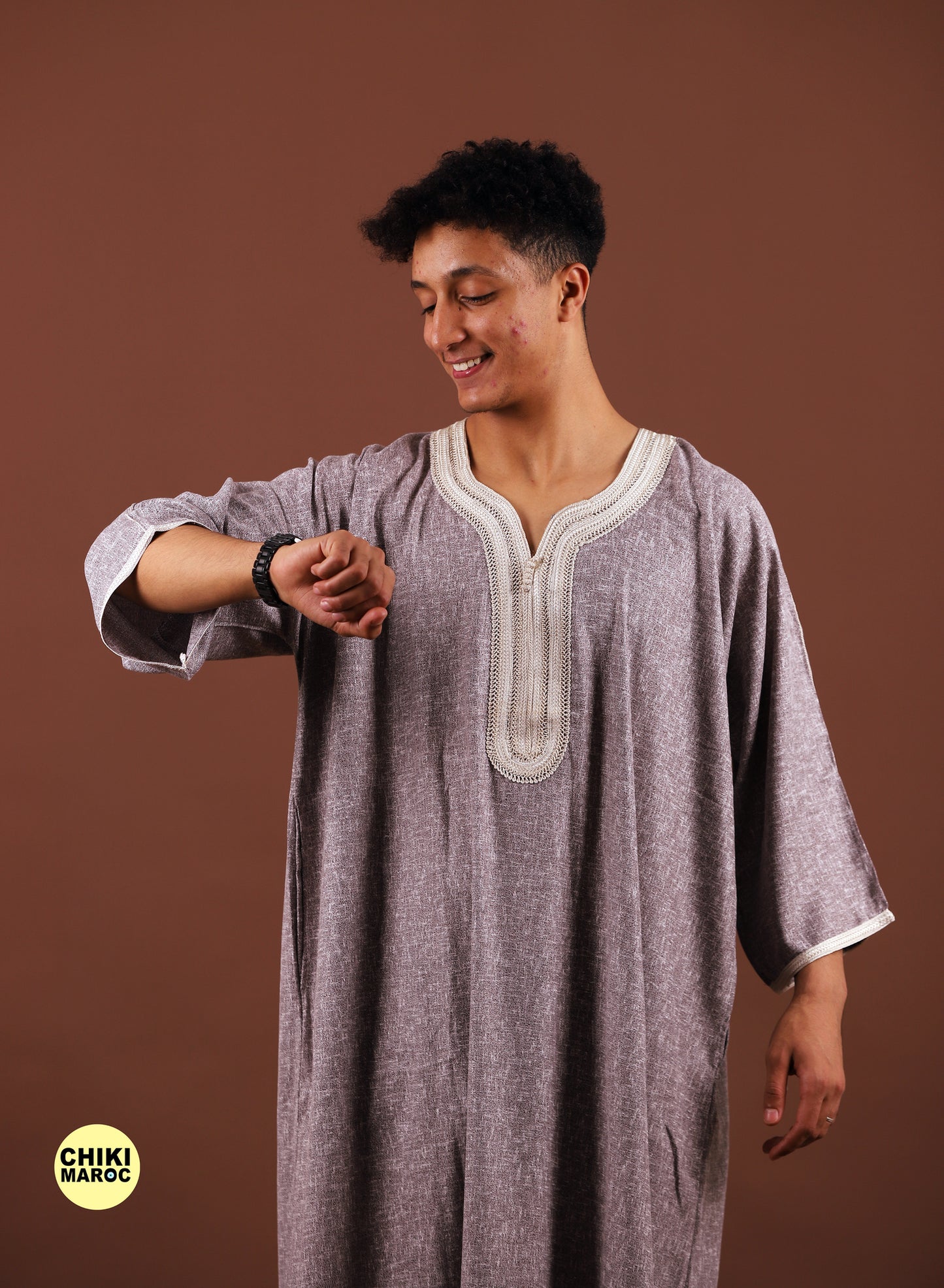 Stylish Gray Moroccan Djellaba with White Embroidery for Men Thobe