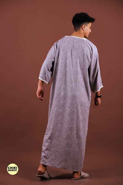 Stylish Gray Moroccan Djellaba with White Embroidery for Men Thobe