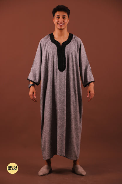 Modern Gray Moroccan Thobe with Black Embroidery for Men