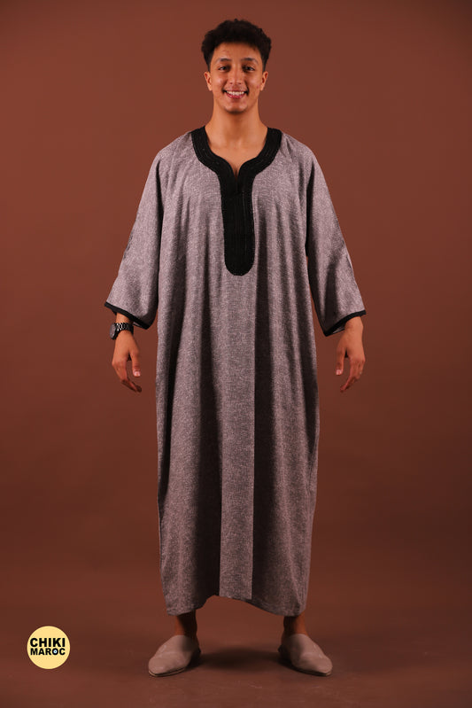 Modern Gray Moroccan Thobe with Black Embroidery for Men