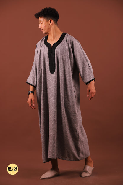 Modern Gray Moroccan Thobe with Black Embroidery for Men