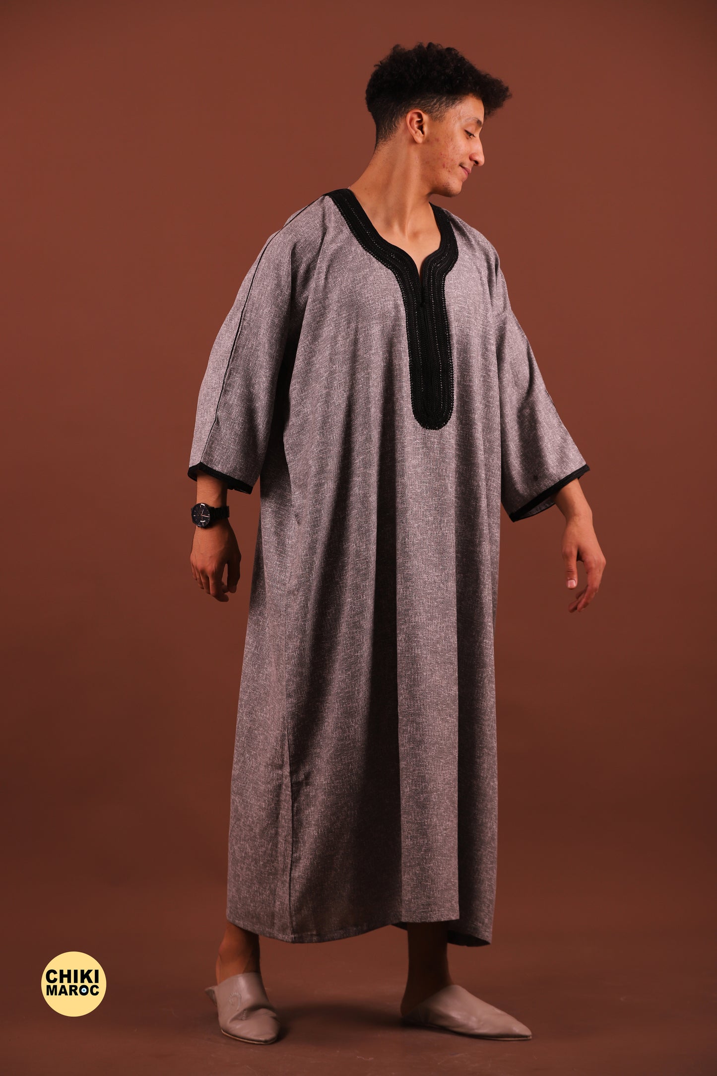 Modern Gray Moroccan Thobe with Black Embroidery for Men