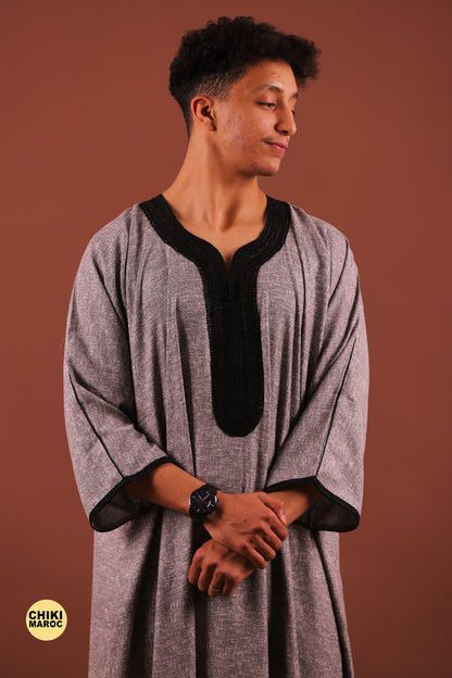 Modern Gray Moroccan Thobe with Black Embroidery for Men