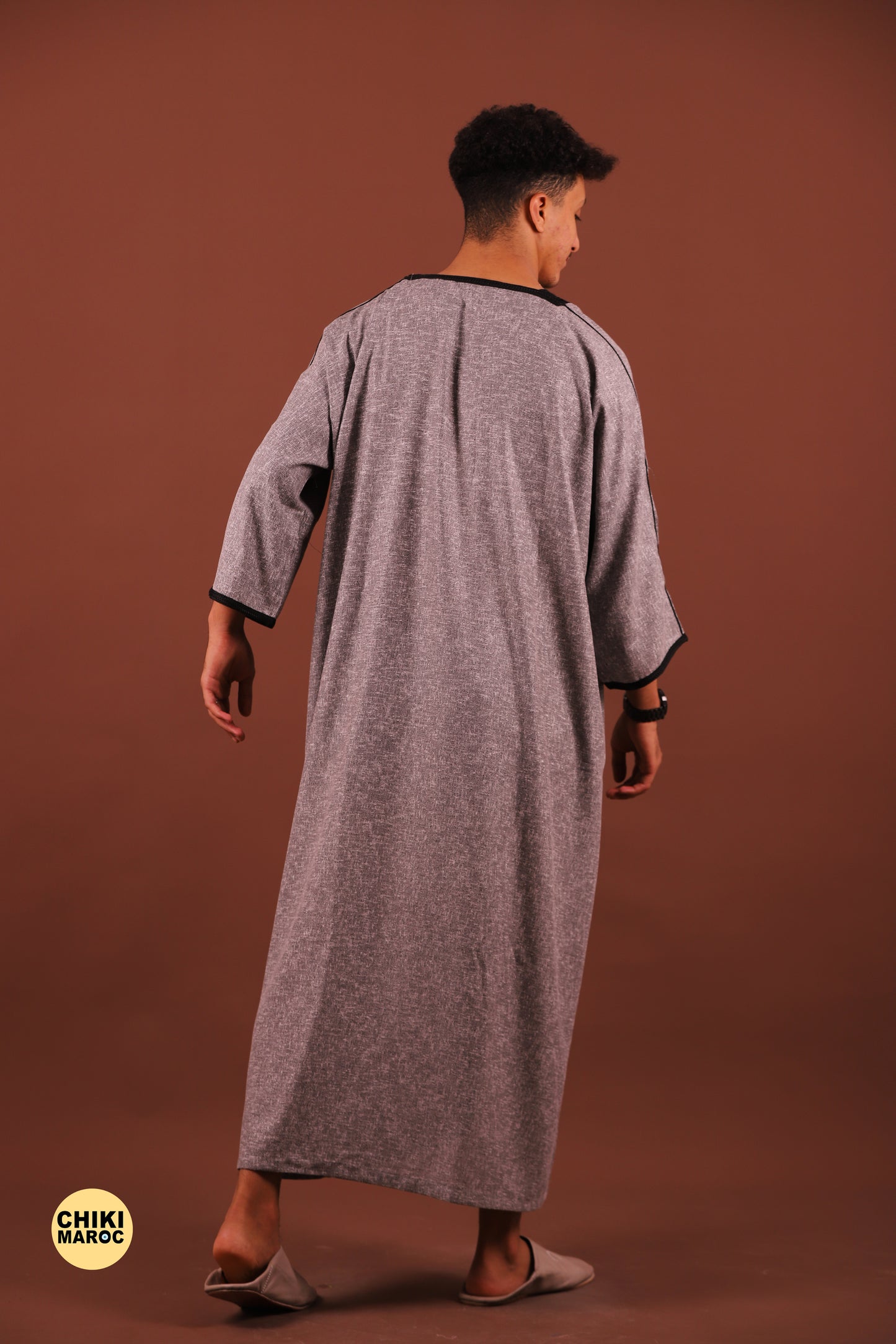 Modern Gray Moroccan Thobe with Black Embroidery for Men