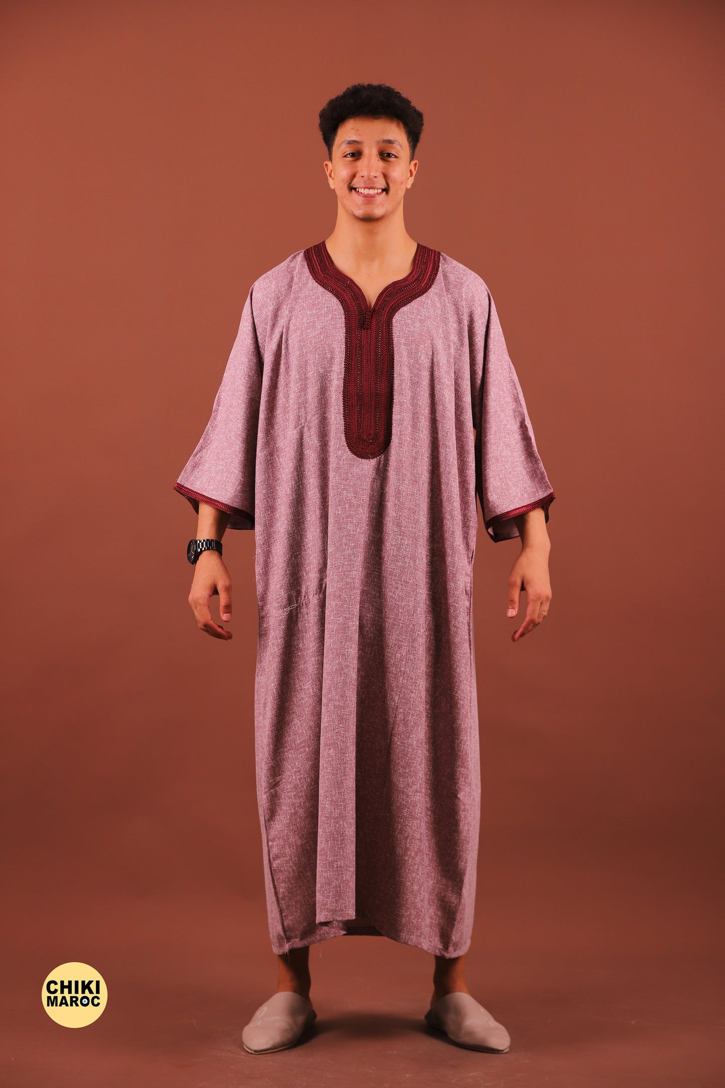 Elegant Rose-Red Moroccan Thobe, Muslim Kaftan for Men