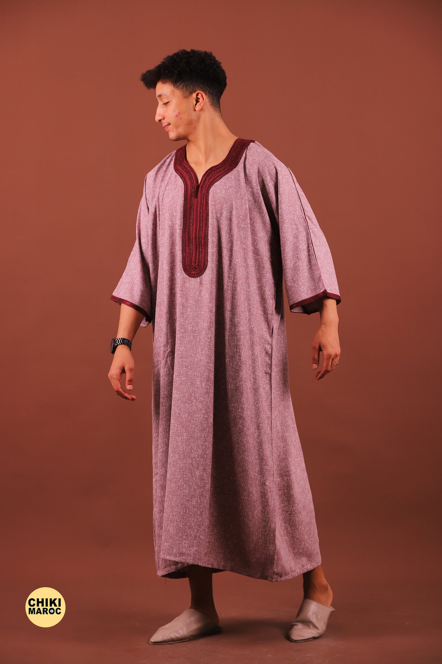 Elegant Rose-Red Moroccan Thobe, Muslim Kaftan for Men