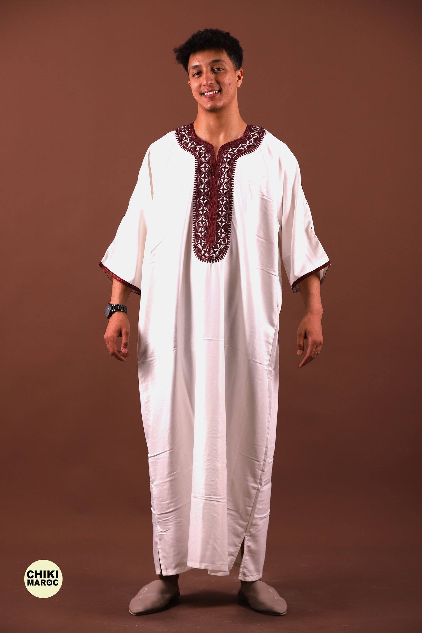 White & Red Moroccan Thobe for Men - Traditional & Elegant Djellaba