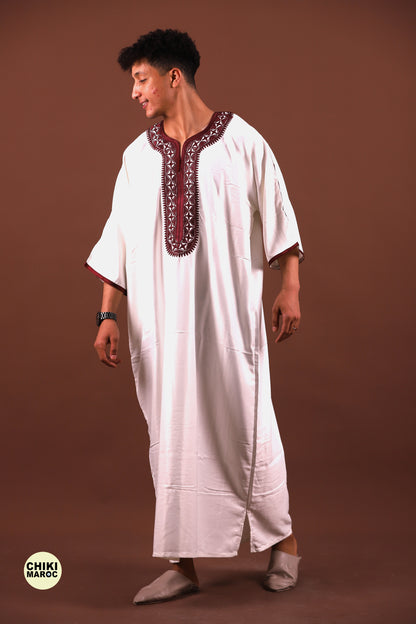 White & Red Moroccan Thobe for Men - Traditional & Elegant Djellaba