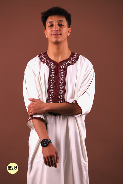 White & Red Moroccan Thobe for Men - Traditional & Elegant Djellaba