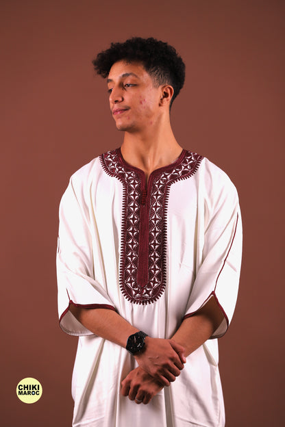 White & Red Moroccan Thobe for Men - Traditional & Elegant Djellaba