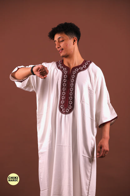 White & Red Moroccan Thobe for Men - Traditional & Elegant Djellaba