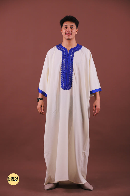 White & Blue Moroccan Thobe for Men - Traditional & Elegant Djellaba