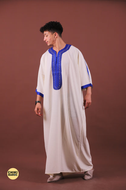 White & Blue Moroccan Thobe for Men - Traditional & Elegant Djellaba